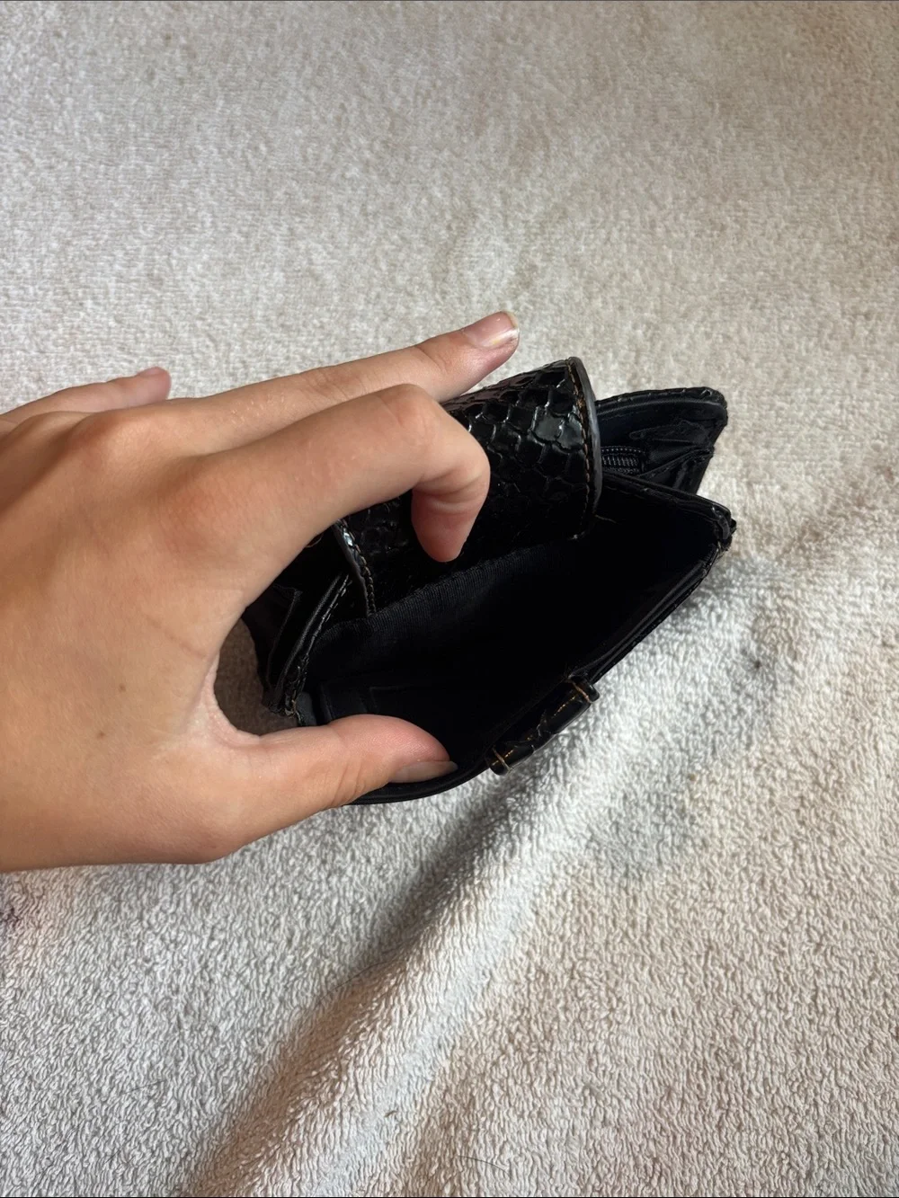 Black Patent Croc Card Wallet with Oval Metal Accent